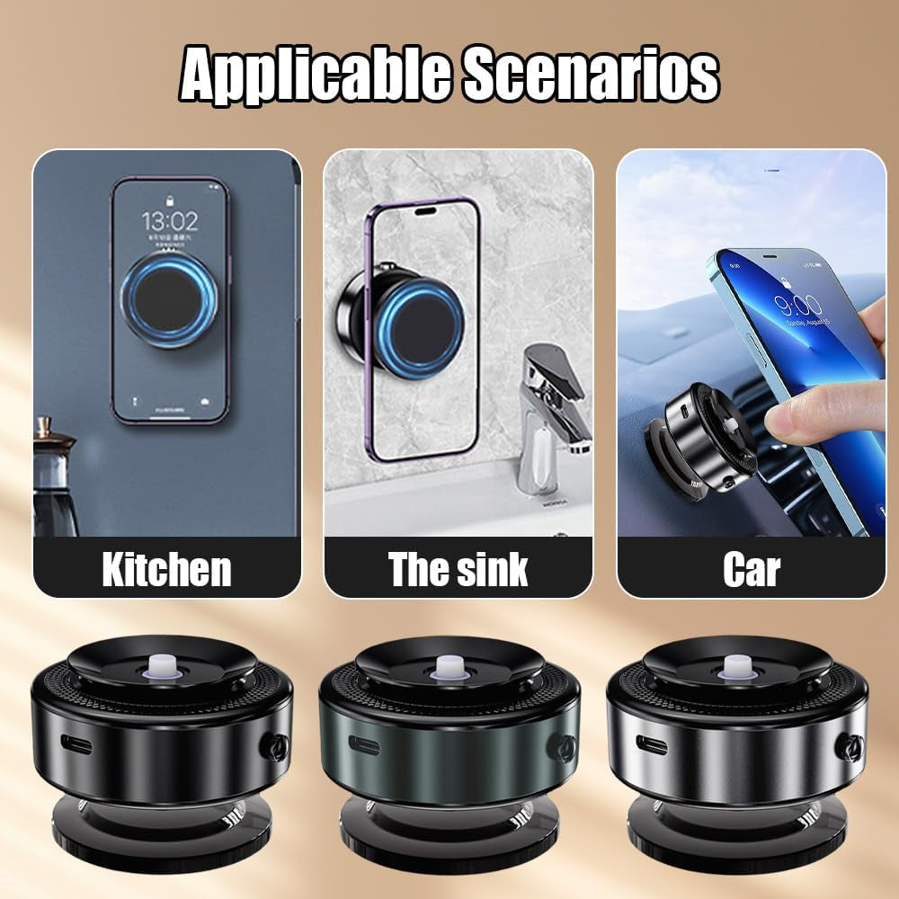 360 Rotatable Electric Vacuum Phone Mount, Magnetic Suction Cup Mount for Car, Gym Mirror, Smooth Surfaces (Black)
